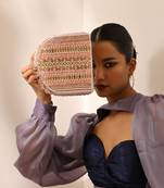 Pink suede flap over bag with handle