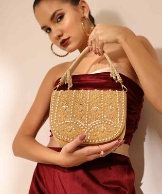 Gold suede golden flap over bag with handle 1