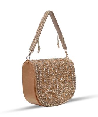 Gold suede golden flap over bag with handle 3