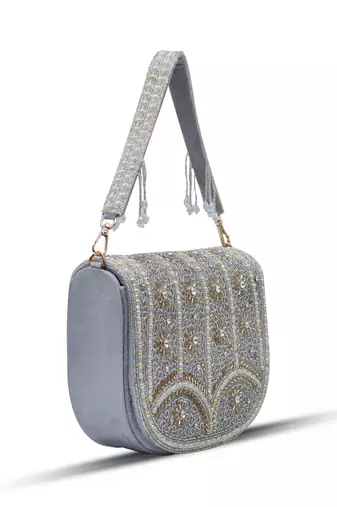 Grey suede grey flap over bag with handle