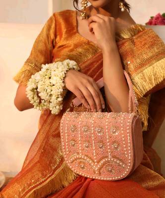 Pink suede bag with handle 1