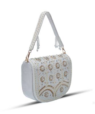 White suede white flap over bag with handle 3