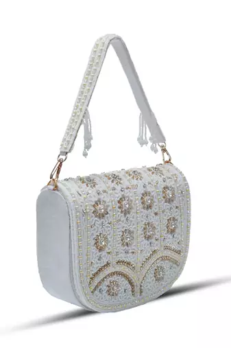 White suede white flap over bag with handle