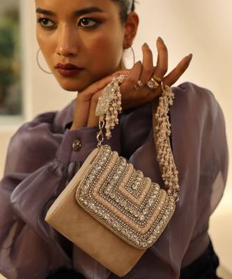 Beige suede mini bag with embroidered handle 1