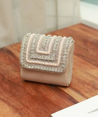 Beige suede mini bag with embroidered handle 2