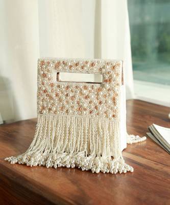 White suede embellished flap over clutch bag 1
