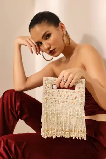 White suede embellished flap over clutch bag