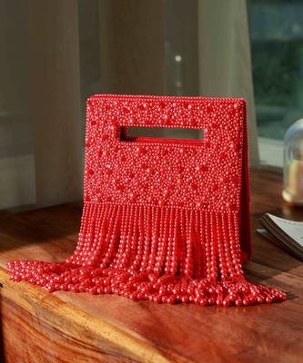 Red suede embellished flap over clutch bag 1