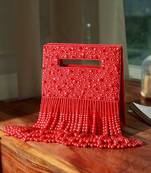 Red suede embellished flap over clutch bag
