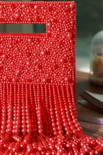Red suede embellished flap over clutch bag