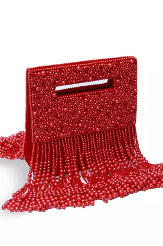 Red suede embellished flap over clutch bag