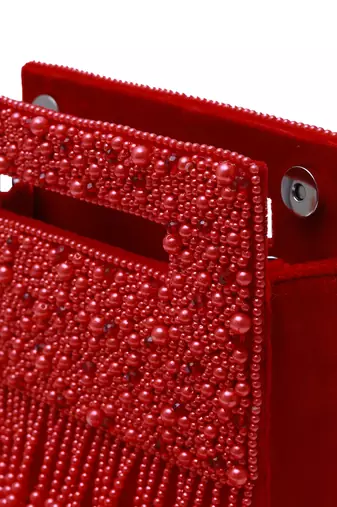 Red suede embellished flap over clutch bag