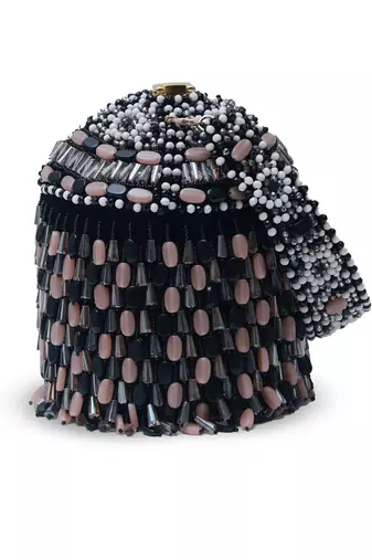 Black suede round embellished bag with handle