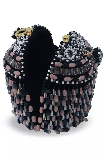 Black suede round embellished bag with handle