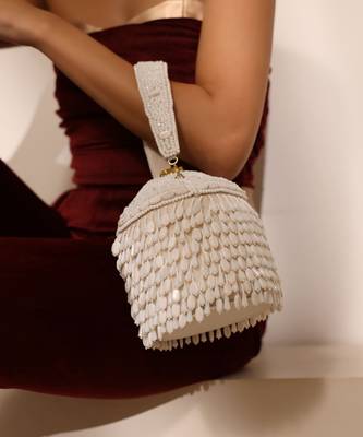 White suede round embellished bag with handle 2
