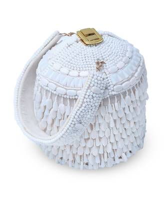 White suede round embellished bag with handle 3
