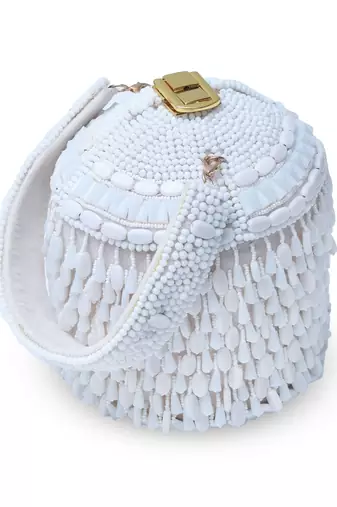 White suede round embellished bag with handle