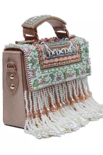 Suede beige flap over bag with handle