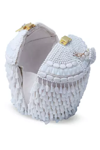 White suede round embellished bag with handle