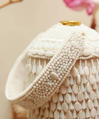 White suede round embellished bag with handle 5