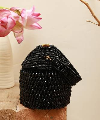 Suede black round embellished bag with handle 1