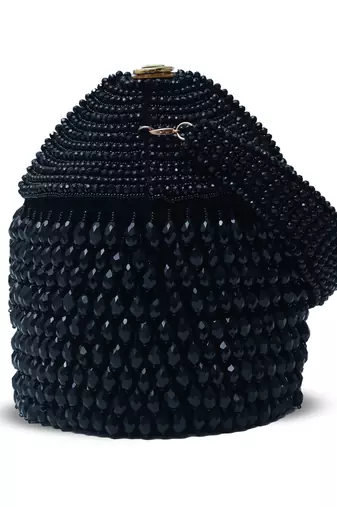 Suede black round embellished bag with handle