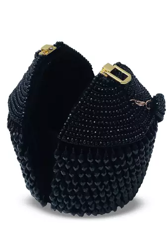 Suede black round embellished bag with handle