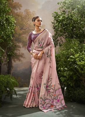 Baby pink tissue hand brush print saree with kalamkari blouse 1
