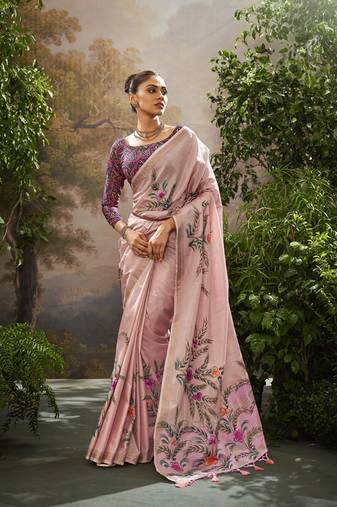 Baby pink tissue hand brush print saree with kalamkari blouse