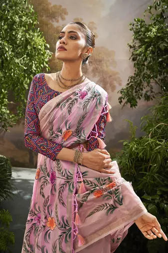 Baby pink tissue hand brush print saree with kalamkari blouse