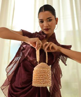 Gold suede round embellished bag with handle 2