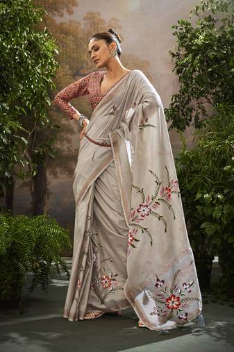 Gray tissue hand brush print saree with kalamkari blouse
