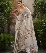 Gray tissue hand brush print saree with kalamkari blouse