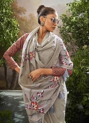 Gray tissue hand brush print saree with kalamkari blouse 2