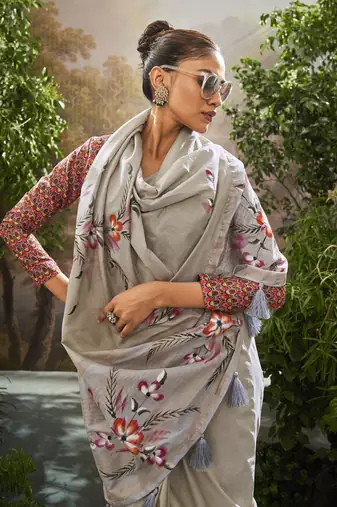 Gray tissue hand brush print saree with kalamkari blouse