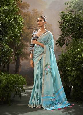 Sky blue tissue hand brush print saree with kalamkari blouse 1
