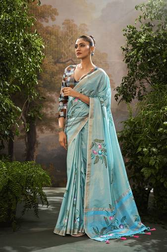 Sky blue tissue hand brush print saree with kalamkari blouse