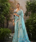 Sky blue tissue hand brush print saree with kalamkari blouse