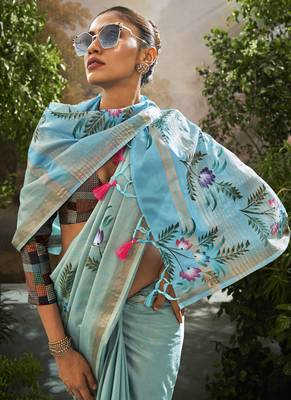 Sky blue tissue hand brush print saree with kalamkari blouse 2