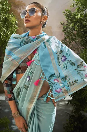 Sky blue tissue hand brush print saree with kalamkari blouse