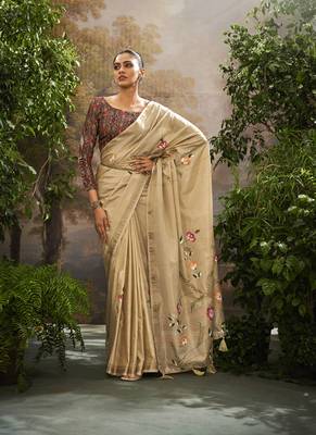 Cream tissue hand brush print saree with kalamkari blouse 1