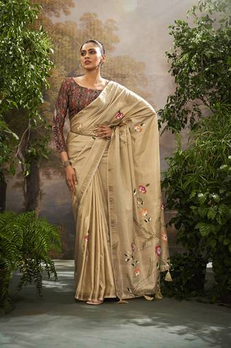 Cream tissue hand brush print saree with kalamkari blouse