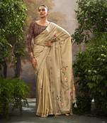 Cream tissue hand brush print saree with kalamkari blouse