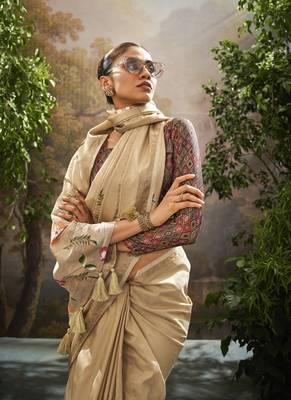 Cream tissue hand brush print saree with kalamkari blouse 2