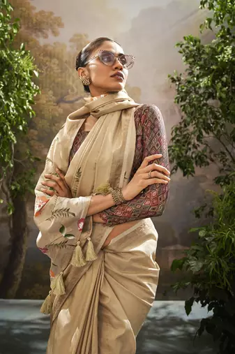 Cream tissue hand brush print saree with kalamkari blouse