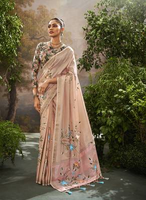 Light peach tissue hand brush print saree with kalamkari blouse 1