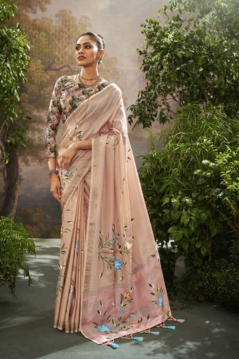 Light peach tissue hand brush print saree with kalamkari blouse