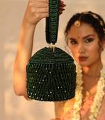 Green suede round embellished bag with handle