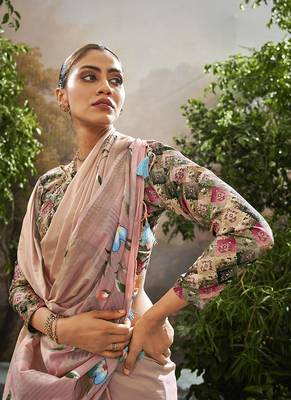 Light peach tissue hand brush print saree with kalamkari blouse 2