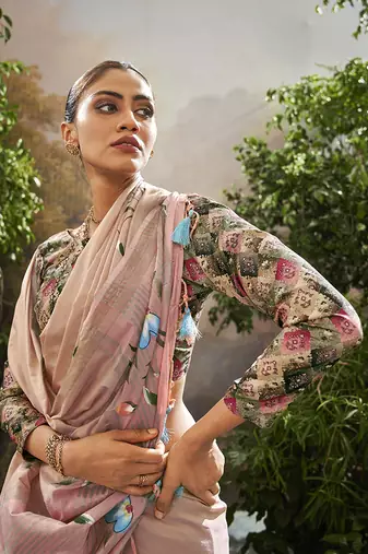 Light peach tissue hand brush print saree with kalamkari blouse